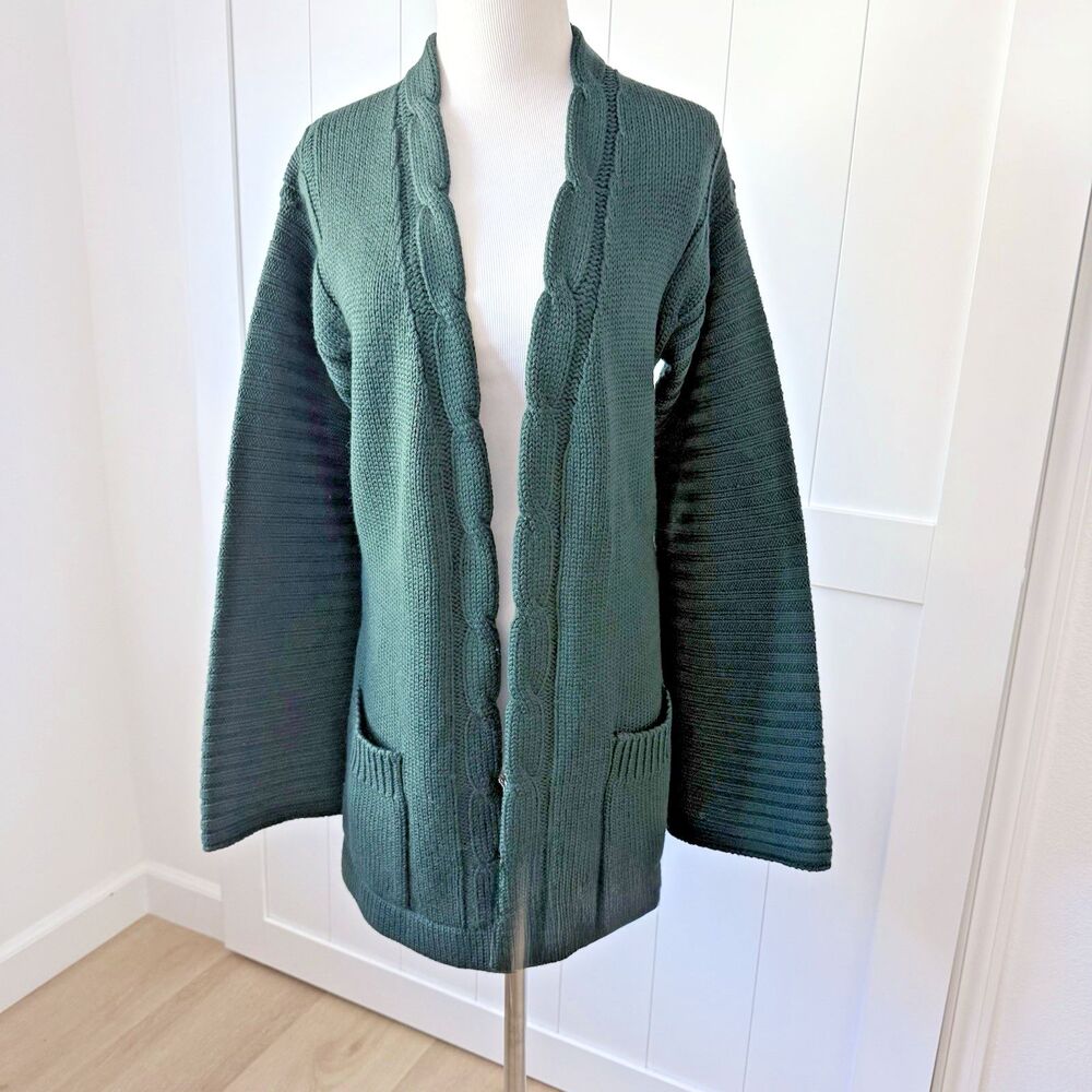 VTG Adrienne for SW1 Virgin Wool Longline Cardigan Quiet Luxury Inky Green 80s S - Picture 3 of 16